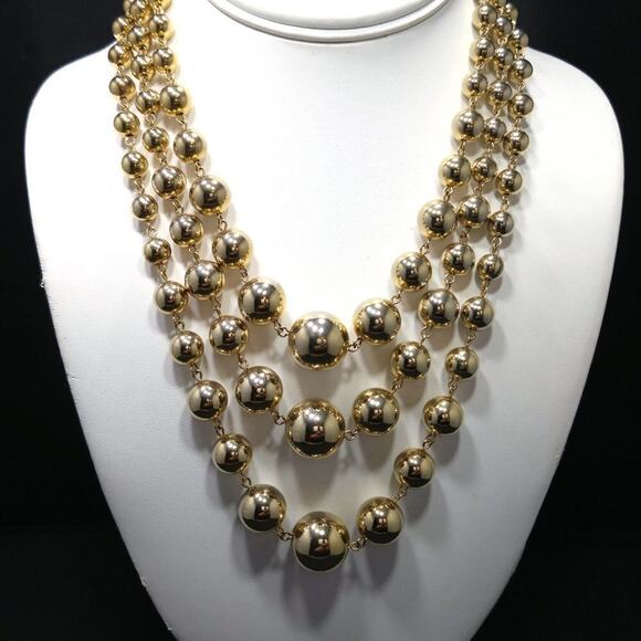 Vintage Gold Bead Three Strand Necklace, Rosary Style Wire, 1950s, 18 Inches - Picture 3 of 6